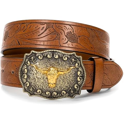 IZUS Men-Women Longhorn-Bull-Head Western-Cowboy-Belt Floral-Embossed PU-Leather Rodeo Cowgirl-Belt 1.5" Wide for Jeans Cover