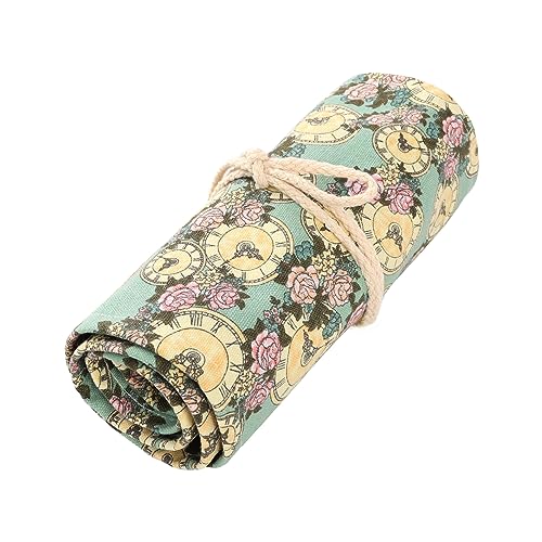 Image of Surblue Canvas Pencil Case Pencil Roll Wrap with 72 Slots Coloring Pencil Holder Organizer Paint Brush Storage Pouch Portable for Artist, Writer(Green Clock