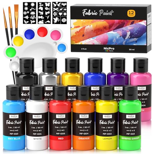Nicpro 12 Colors Fabric Paint (1oz/30ml) with Brushes, Palette, Stencils