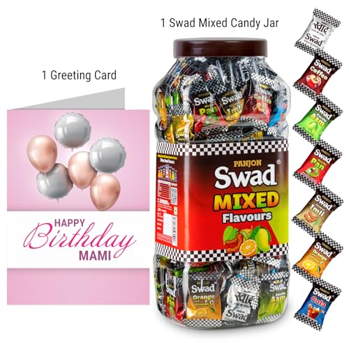 Image of Swad Happy Birthday Mami Gift with Card (Swad Mixed Flavours Candy 200 Jar & 1 Greeting card) 2 units