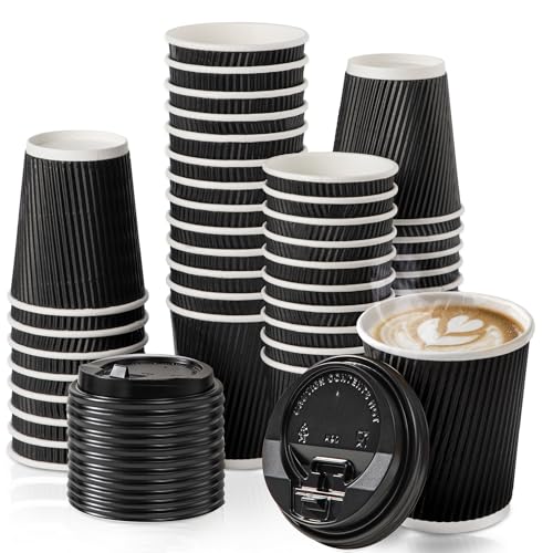 Fit Meal Prep 50 Pack 8 oz Black Disposable Coffee Cups with Lids & Stirrers, Corrugated Triple Wall To Go Hot Cups, Insulated Paper Coffee Cups for Hot Beverages, Travel, Home, Office (Black Lids)