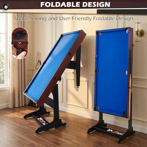 Image of 53 Inch Folding Pool Table with Built-in Ball Storage and Cue Clips, Freestanding Billiard Game Table Set for Family Game Room, Includes Cues, Balls, Chalk and Brush