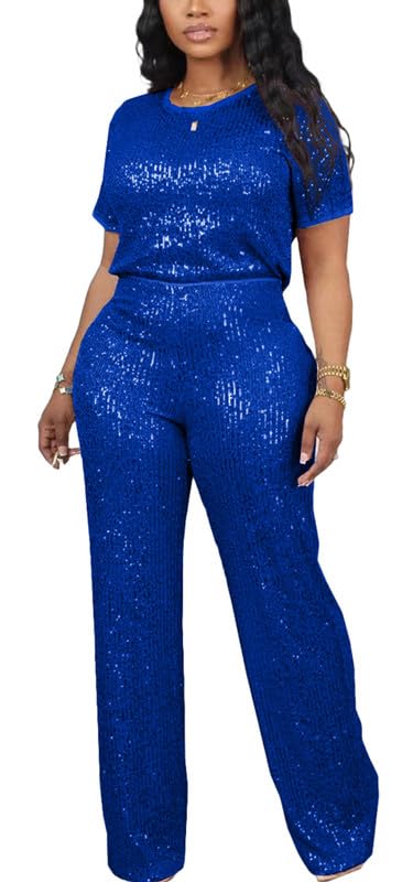 LROSEY Womens Sequin Two Piece Set Glitter T Shirts Top Sparkly Pants Suit for Birthday Party Disco Outfits