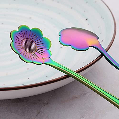Image of Stainless Steel Creative Tableware Flower Dessert Spoon,Sugar Spoon,Mixing Spoon,Tea Spoon,Stirring Spoon,Cake & Ice Cream Spoon,Stir Bar Rainbow Spoons -Set Of 6 (Random) - 13 Cm