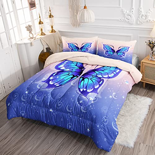 Qoomo Butterfly Comforter Queen Size,Butterflies Comforter Set For Kids Teens Girls,3Pcs Bedding Set Printed Comforter With 2 Pillowcases,Down Alternative,Soft And Lightweight，Queen Size #TOP1