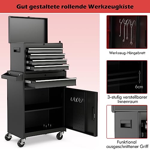 Foto von COSTWAY 2 in 1 Werkstattwagen inkl. Koffer & 8 Fächer & Haken & verstellbarem Regal, Werkzeugwagen Abschließbar auf Rädern ohne Werkzeug, Profi Werkstatt-Wagen Metall 100 kg Tragkraft, 59x28x102cm