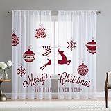 Fereyis Christmas Sheer Curtains for Living Room 84 inch Length 2 Panels Set Red Reindeer Snowflake Printed Window Curtain Natural Semi Sheer Chiffon Drapes for Bedroom