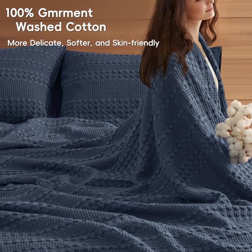 Image of PHF 100% Cotton Waffle Blanket Oversized King 120 inchx120 inch, Lightweight Breathable Extra Large 10'x10' Blankets for Bed, Giant Big Luxury Aesthetic Woven Bedding for Home Decor, Indigo