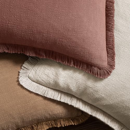 Image of MIULEE Decorative Throw Pillow Covers Neutral Linen Fringe Throw Pillows Set of 2 Autumn Glaze Boho Farmhouse Cushion Covers with Tassels for Couch Sofa Bed Living Room Fall Decor 18x18 Inch