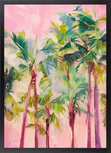 Fine Artic Cuadro de Palmeras Rosa Pastel - Poster Impresionista con Marco de madera Negro - Arte mural Tropical decoración de Dormitorio - Cuadros de Verano
