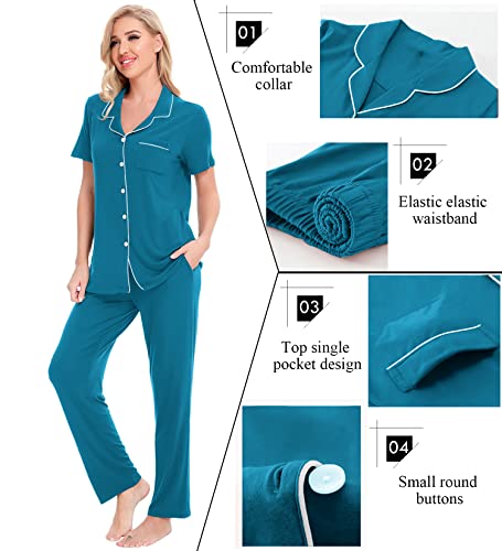Image of SWOMOG Women Pajama Sets Two-Piece Nightwear Short Sleeve Sleepwear Button Down Pj Lounge Sets with Long Pants