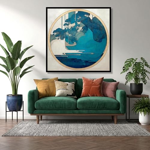 Tableau circulaire bleu paysage abstrait géométrique 50x50cm impression toile