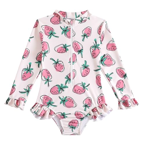 Toddler Girls Rash Guard Swimsuit Long Sleeve One Piece Zipper Ruffle Bathing Suit UPF 50+ Beach Swimwear 2-8Y