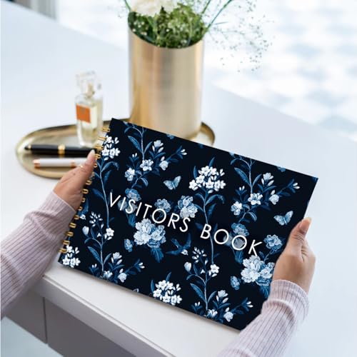 Image of Visitor Book - 8 x 12 Inches | Navy Blue Floral Wire Bound Guest Register for Hotels, Offices, Exhibitions, Boutiques & Business Use | Medium Size Visitor Log Book for Reception & Front Desk