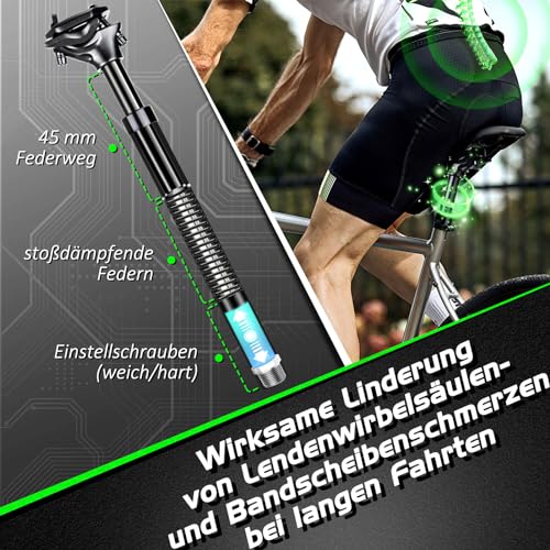 MILFECH Sattelstütze Gefedert [Ø27,2 / 30,9 / 31,6] , Spring Federsattelstütze mit 2 Distanzhülsen,Fahrrad Sattelstange Tragend 55-125kg -Ab jetzt Schmerzfrei,für E-Bike,MTB,Downhill,Trekking Citybike