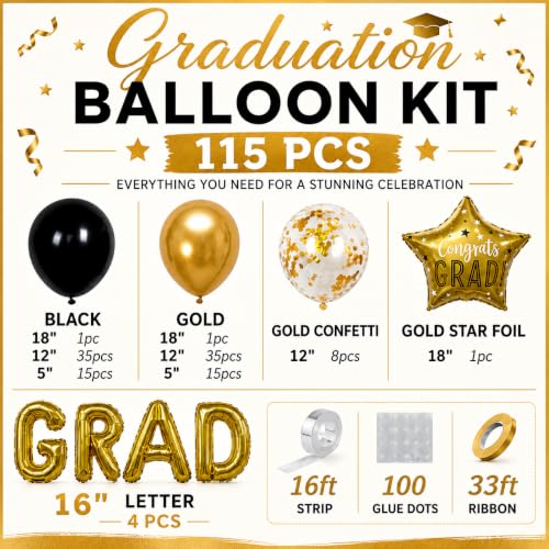 Image of Black and Gold Graduation Balloon Arch Kit, 115 Pcs