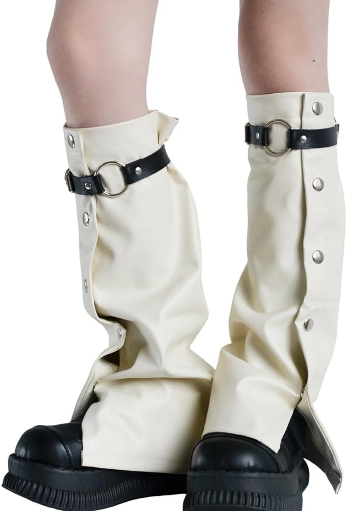 [QRUENNTG] パンクレッグウォーマー レディース PUレザー ボタン ヒッピー ゴシック Y2K フレアレッグカバー スリー