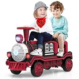 MINIATURE MOTORS 2-Seater Ride On Train, 12V Kids Electric Car with Choo-Choo Train Whistles, Bluetooth USB Music, 2 Speeds, Headlights, Anti-Rollover Device for Pretend Play Gift Kids Aged 3+ (Red)