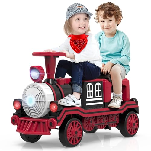 MINIATURE MOTORS 2-Seater Ride On Train, 12V Kids Electric Car with Choo-Choo Train Whistles, Bluetooth USB Music, 2 Speeds, Headlights, Anti-Rollover Device for Pretend Play Gift Kids Aged 3+ (Red)