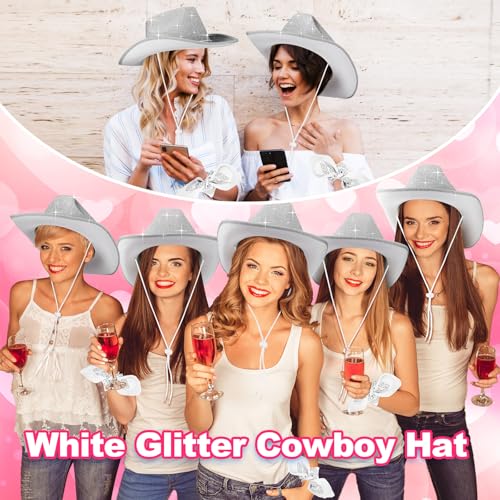 Image of Coume 12 Pcs Sparkly Adults Cowboy Hat and Bandanas Women Men Western Glitter Cowgirl Party Hats with Adjustable Drawstring