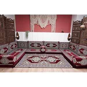 Arabic Floor Sofa Set, Turkish Sofa, Arabic Floor Seating Set, Moroccan Sofa Set, Floor Cushions, Corner Sofa (U Sofa X Rug, Palace Maroon, 4” Thickness Sofa)