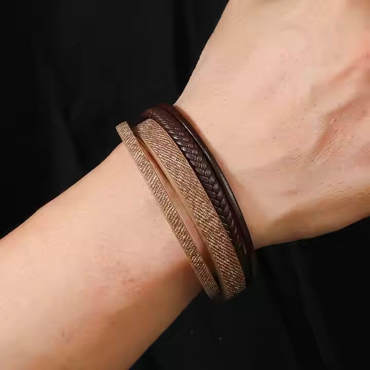 Image of THE MEN THING Leather Bracelet for Men - American Style Genuine Leather Multi-Layer Braided Bracelet with 100% Stainless Steel Magnetic Buckle for Men & Boys (8 inch)