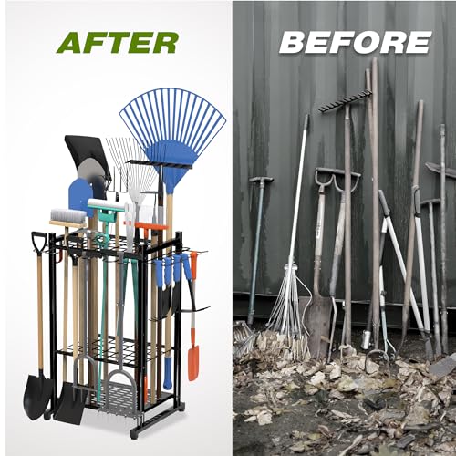 Garden Tool Organizer Rack Up to 50 Tools, Heavy-Duty Steel Yard Tool Organizer for Garage Storage with 11 Hooks, Broom Holder & Garden Tool Rack for Shed, Patio, Outdoor Use, Black - Image 8