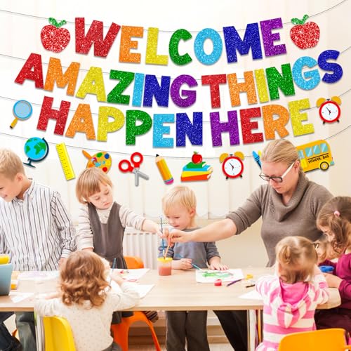 Image of Welcome Amazing Things Happen Here Banner,Welcome Back Banner School Decorations Welcome School Sign for Back to School Classrooms Decor