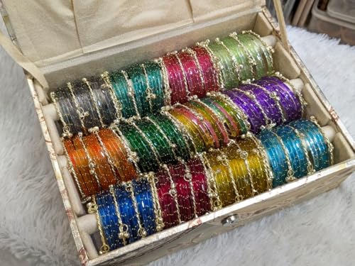 Image of Multicolour glass bangles with ghungroo bangles combo set of 12 dozen with organiser box, bridal bangle sets, wedding gift boxes, jewellery sets festive