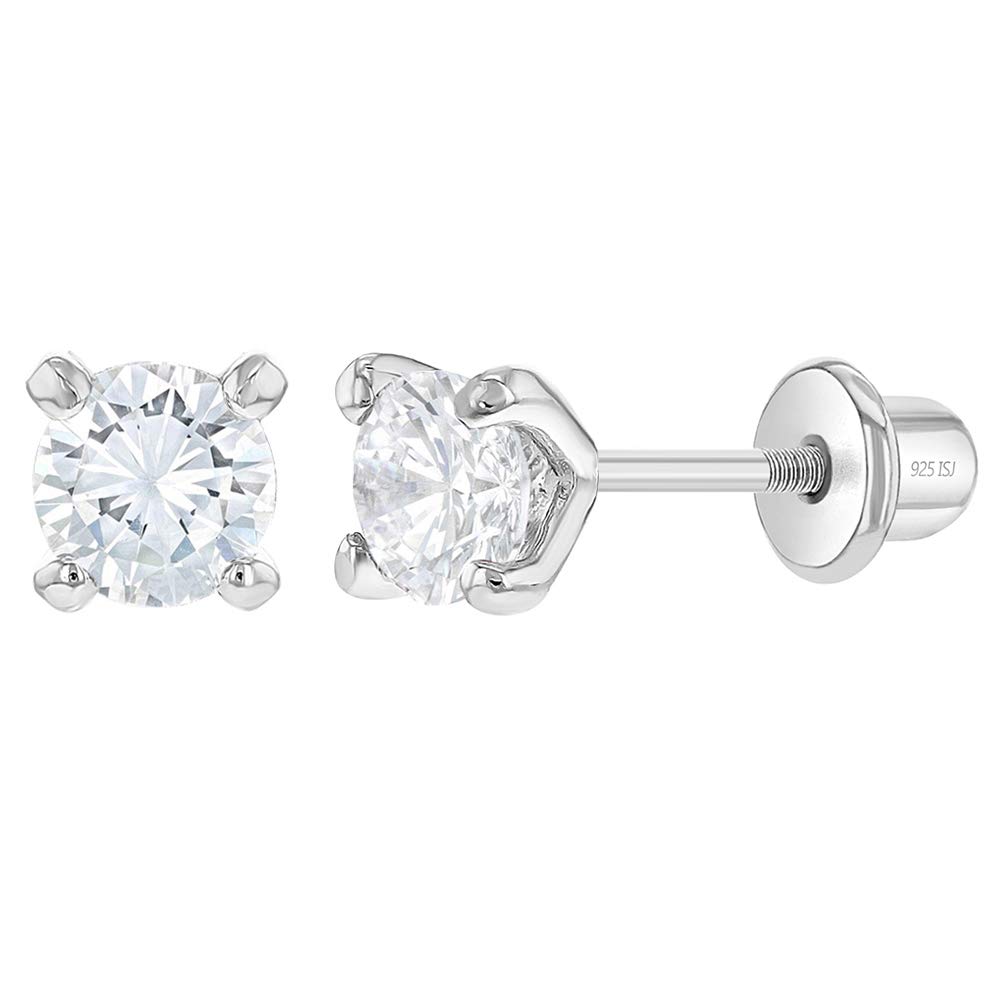In Season Jewelry925 Sterling Silver Stylish Clear 4mm Solitaire Cubic Zirconia Screw Back Stud Earrings for Kids - Round Stone with Locking Back for Pierced Ears for Babies, Toddlers, & Little Girls