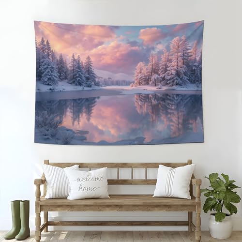 Tapisserie arbres et lac pour chambre tapisserie murale forêt d'hiver salon