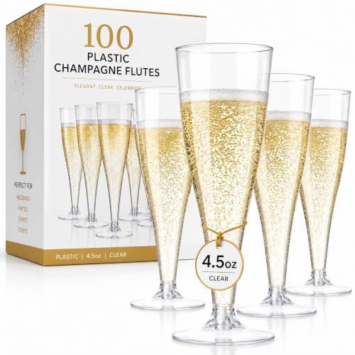 Prestee 100 Pack Clear Plastic Champagne Flutes - 4.5 oz Durable Disposable Champagne Glasses for...