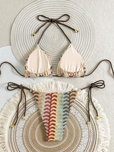 Image of ZAFUL 2 Piece Triangle Bikini for Women Knitted Rope Halter Bikini Sets Sexy Bathing Suit Side Tie Swimsuits Beachwear