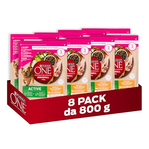 PURINA ONE Mini Small Active Crocchette per Cani Adulti con Pollo e Riso 8 Sacchi da 800g