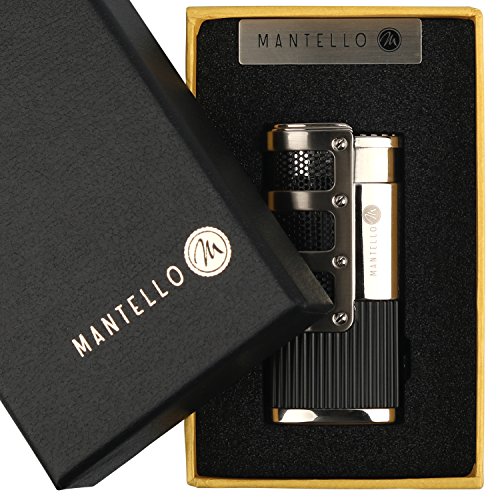 Mantello Cigars Torch Lighter, Triple Jet Flame Butane Lighter - Cigar Lighter With Cigar Punch Cutter, Windproof #TOP4