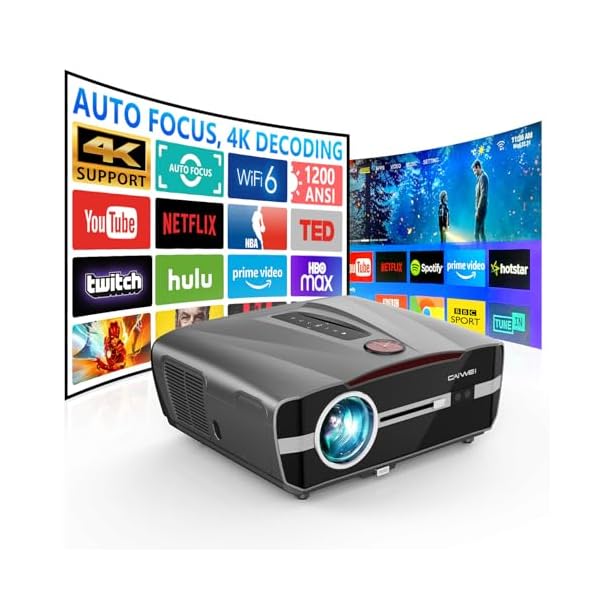 4K Projector Auto Focus HDR WiFi 6 & NFC, Smart Daylight Projector 4K High Lumen 1200 ANSI 1080P Ultra HD Ceiling Mounted Home Theater Movie Gaming Indoor Outdoor with Bluetooth HDMI USB Ethernet Apps