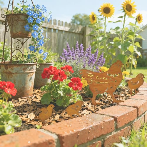 Ulawellor Hühner Gartenstecker 4er Gartendeko Roststecker Ostern Rost Deko Wetterfest Metall Huhn Deko Bauernhof Frühling Gartenschmuck für Garten Terrasse Balkon Blumentopf