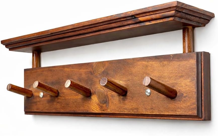 Matías Coat Rack Wall Mount with Shelf, 18 Inch Solid Wood Peg Rail, Wall Mounted Coat Rack with 5 Hooks, Wall Mount Shelf for Entryway, Bathroom or Bedroom (Walnut)