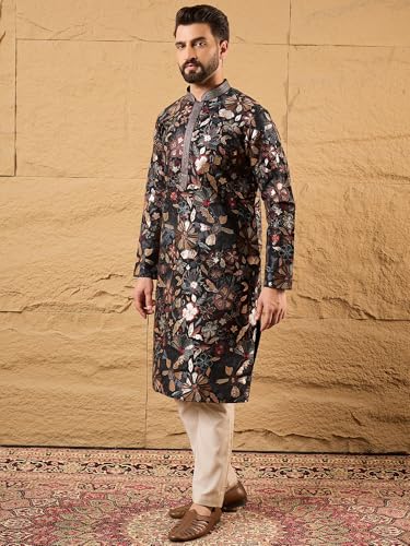 Image of Men's Black Silk Blended Solid Embroidered Long Kurta | Men's Kurtas | Embroidered Kurta's for Men | Straight Fit Kurta for Men