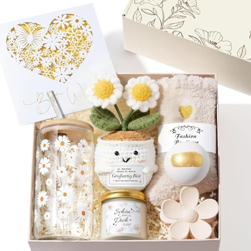 UNIVERTEN Geschenke für Frauen Freundin, Positive Kartoffel Geschenkset, Trinkgläser Geburtstagsgeschenk für Frauen, Mama, Schwester, Kollegin, Wellness Entspannung Geschenk mit Duftkerze