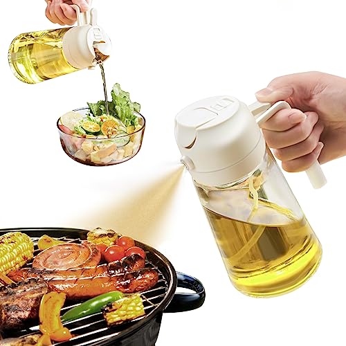 Oil Sprayer for Cooking, 2 in 1 Olive Oil Dispenser Bottle for Kitchen, 16oz/470ml Premium Glass Oil Bottle, Food-grade Oil Mister for Air Fryer, Salad, Frying, BBQ (Creamy White)