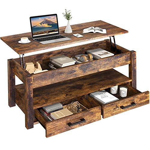 Catálogo para Comprar On-line Salas A Meses Sin Intereses los 10 mejores. 46 FABATO Mesa de Centro para Sala Elevable de Madera - 2 cajones de Almacenamiento- Varilla de Estrés - Ideal como Mesa para Cafe o Mesa Auxiliar (Marrón Rustico)