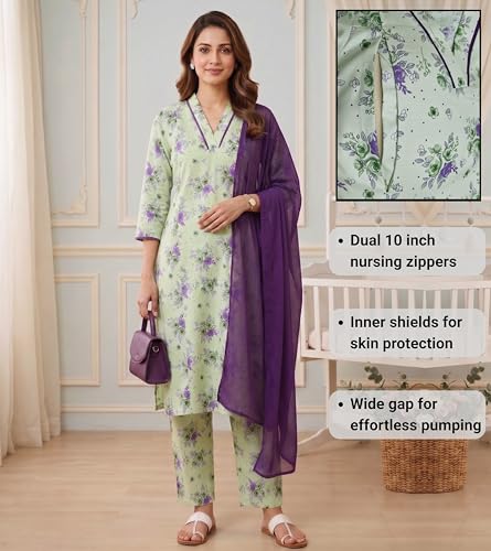 Image of DUMMY SHAPE Maternity Dresses for Women Cotton | Floral Kurta Pant Dupatta Set with Nursing Zippers, Side Pocket | Pre & Post Pregnancy | Feeding Kurti Suit | Baby Shower | Gifts for Pregnant Woman