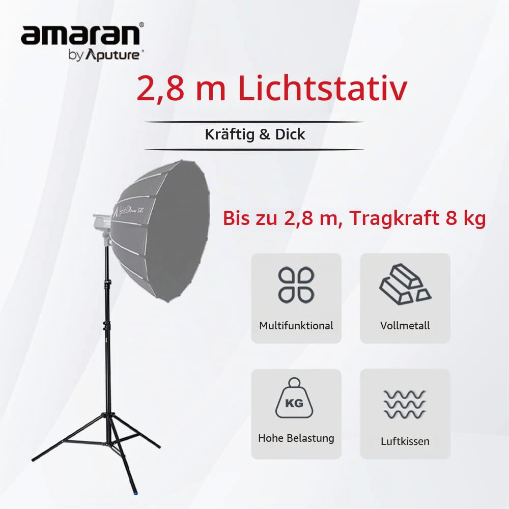 Aputure Light Stand Dreibeinstativ mit Luftpolster, 2,8 m, leichtes Aluminium-Design