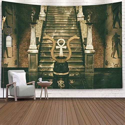 Psychedelic Art Gold Tapestry,Musesh Tapestries Wall Hanging for Bedroom Living Room Decor Inhouse scene of two golden snakes and an Egyptian cross Ank geoglyphs on the floor 3D 80x60 Inches Size
