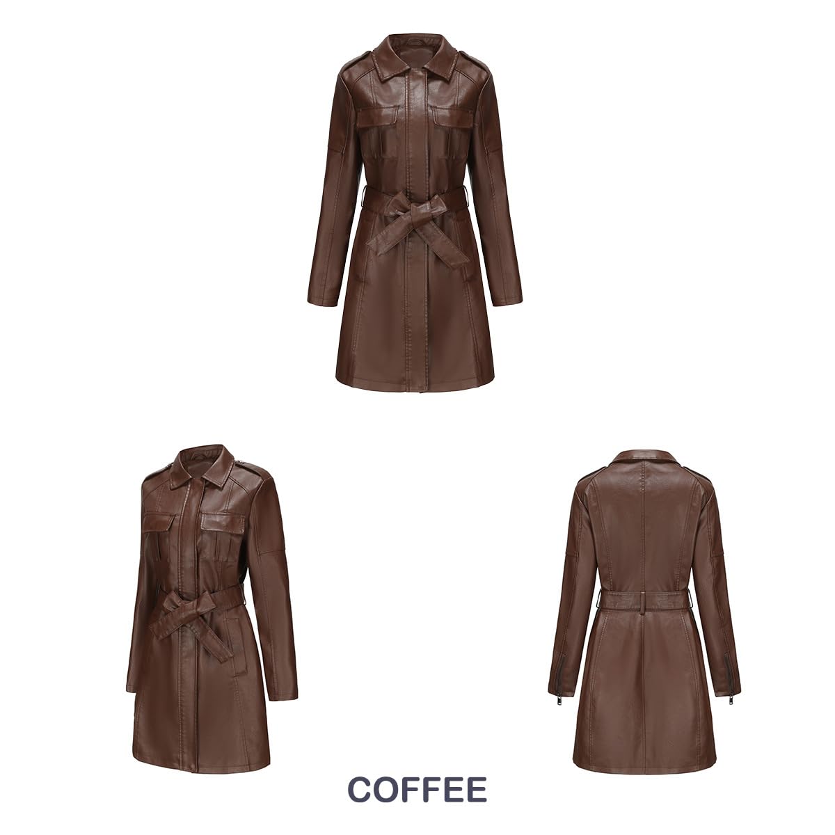 Mittellange Lederjacke mit Gürtel Langärmeliger Leder-Trenchcoat für Frühjahr/Herbst Modischer Mantel im britischen Stil für Damen