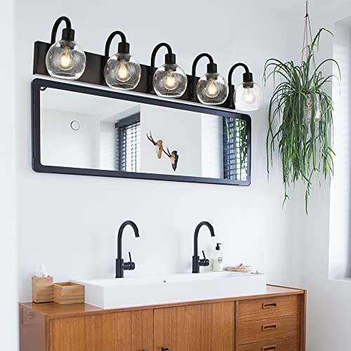 Image of Bathroom Light Fixtures 5-Lights Matte Black Farmhouse Vanity Lighting with Seeded Globe Glass for Over Mirror