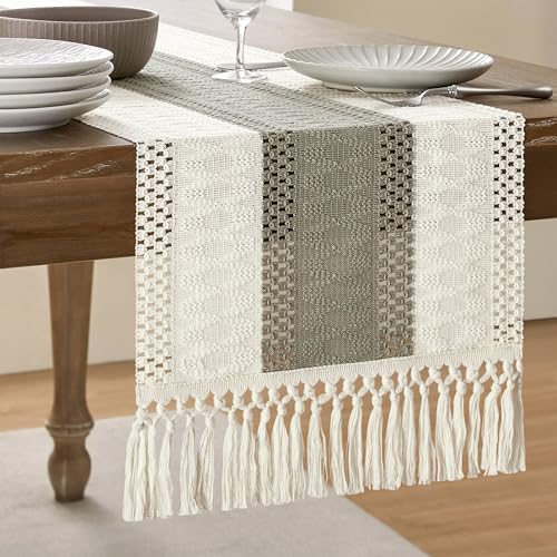 Image of ZeeMart Macrame Style Bicolor Stitching Table Runner, 14 x 108 Inch Dark Sage /Ivory, Boho Grey Sage Table Runners 108 Inches Long, Farmhouse Woven Home Decor