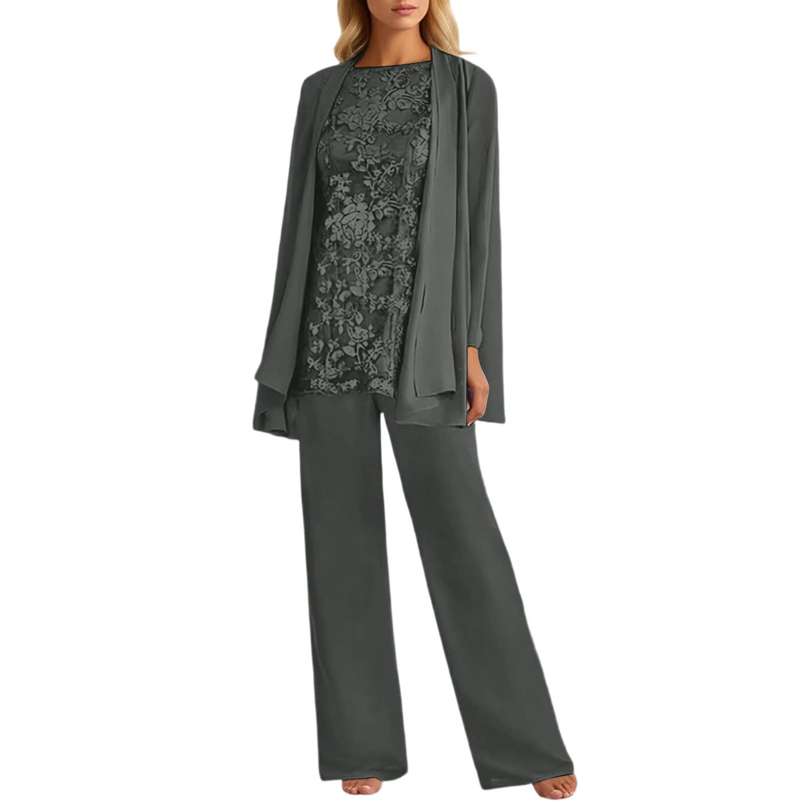 Generisch Tuta da donna in 3 pezzi, per il tempo libero, elegante, in pizzo, a maniche lunghe, cardigan e pantaloni, in chiffon, per matrimonio, cocktail, abito da sera