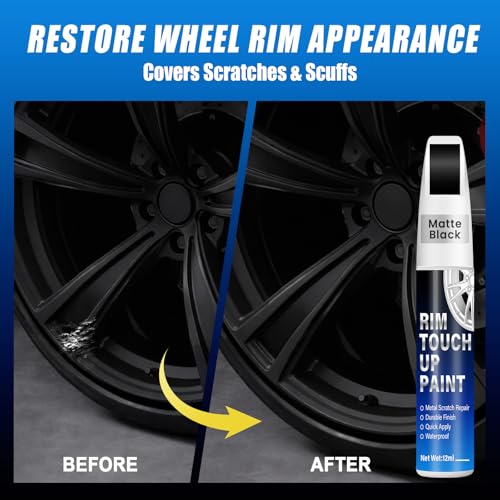 Image of Matte Black Rim Touch Up Paint, 2-in-1 Brush & Tip, 0.4 fl oz - Universal Black Rim Curb Rash Repair Kit for Scratches, Scuffs Alloy /Metal Wheels, OEM Color Match, Quick-Dry & Long-Lasting